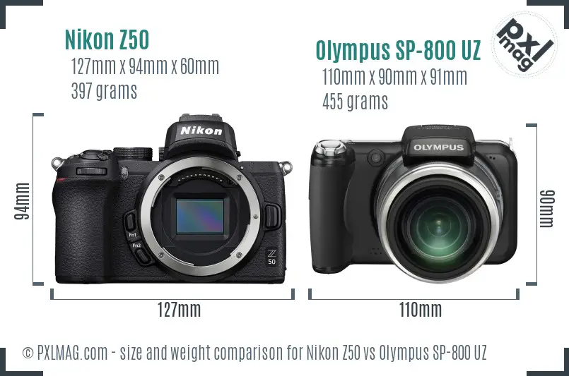 Nikon Z50 vs Olympus SP-800 UZ size comparison
