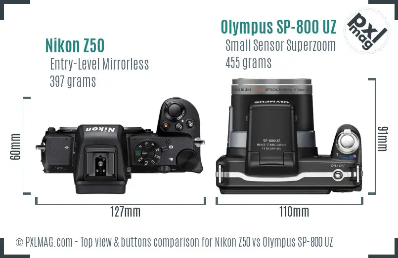 Nikon Z50 vs Olympus SP-800 UZ top view buttons comparison