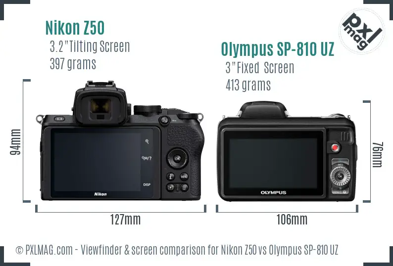 Nikon Z50 vs Olympus SP-810 UZ Screen and Viewfinder comparison