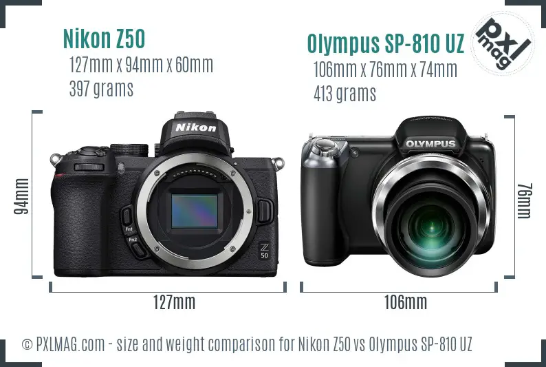 Nikon Z50 vs Olympus SP-810 UZ size comparison