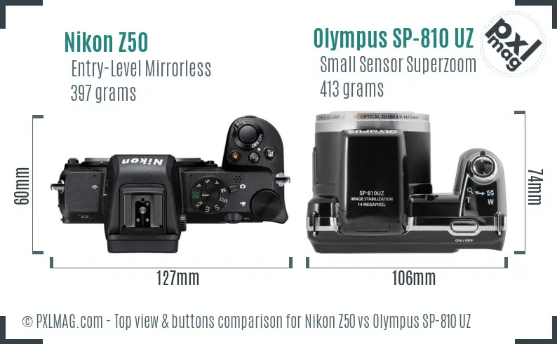 Nikon Z50 vs Olympus SP-810 UZ top view buttons comparison