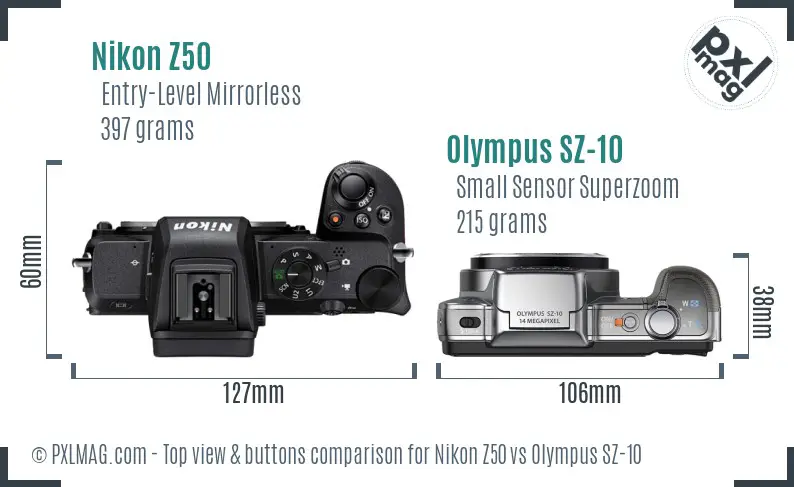 Nikon Z50 vs Olympus SZ-10 top view buttons comparison