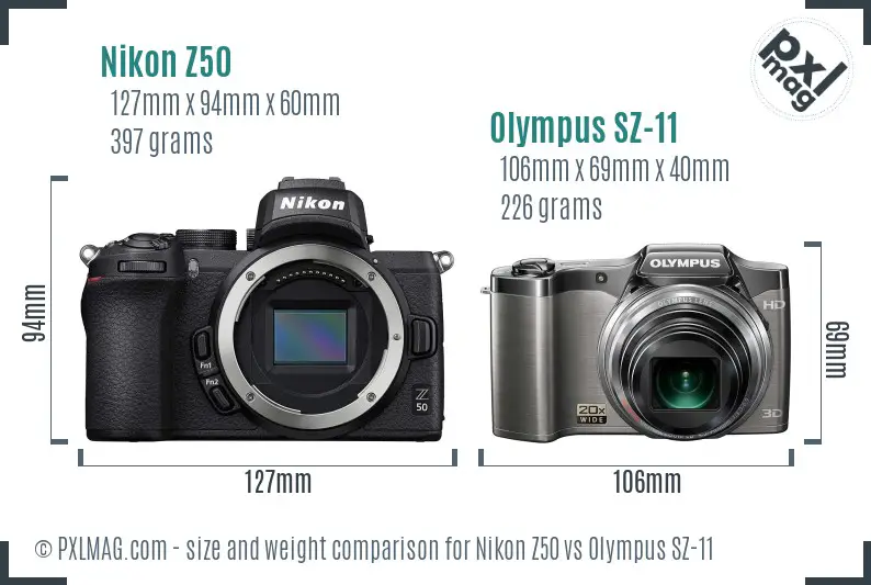 Nikon Z50 vs Olympus SZ-11 size comparison