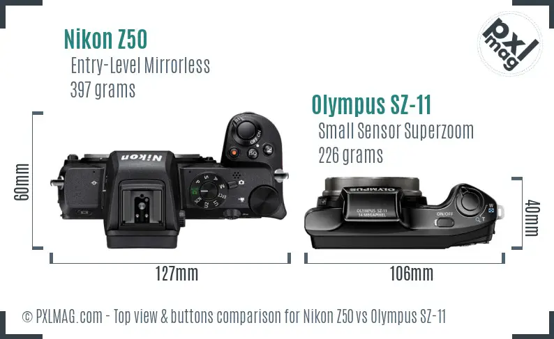 Nikon Z50 vs Olympus SZ-11 top view buttons comparison