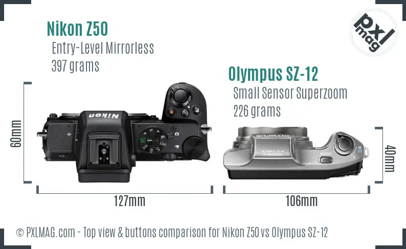 Nikon Z50 vs Olympus SZ-12 top view buttons comparison