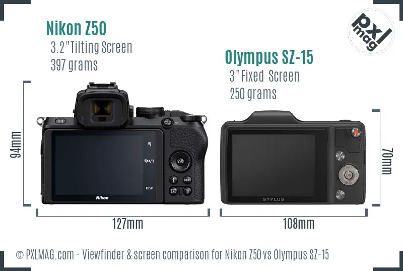 Nikon Z50 vs Olympus SZ-15 Screen and Viewfinder comparison