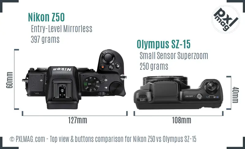 Nikon Z50 vs Olympus SZ-15 top view buttons comparison