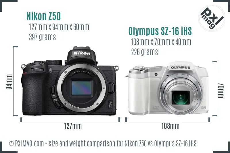 Nikon Z50 vs Olympus SZ-16 iHS size comparison