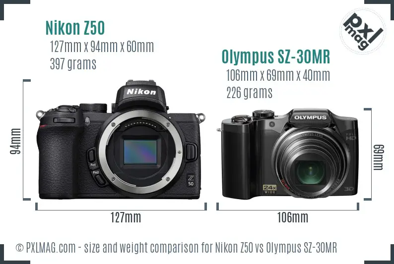 Nikon Z50 vs Olympus SZ-30MR size comparison