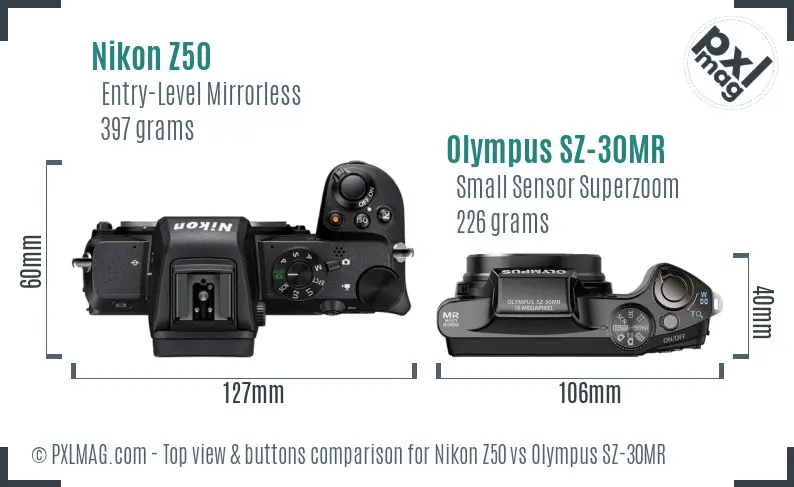 Nikon Z50 vs Olympus SZ-30MR top view buttons comparison