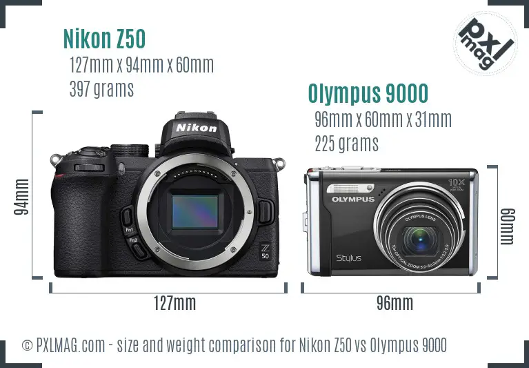 Nikon Z50 vs Olympus 9000 size comparison