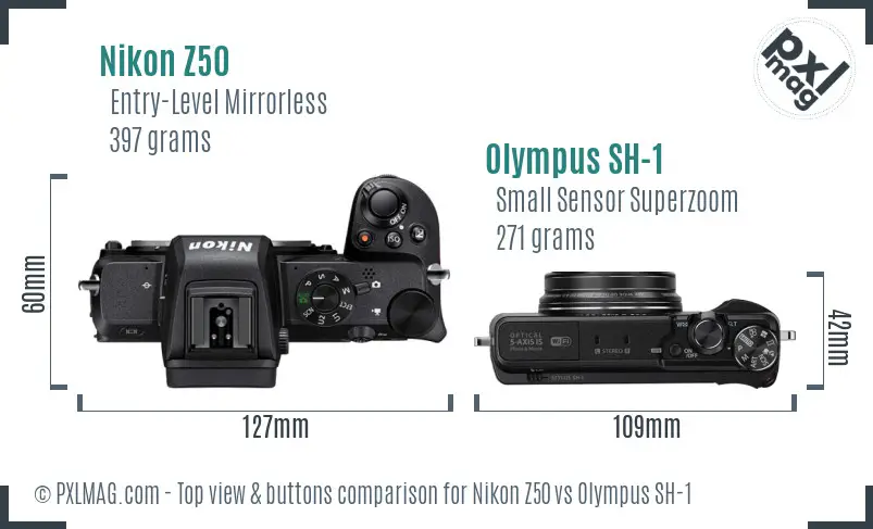 Nikon Z50 vs Olympus SH-1 top view buttons comparison
