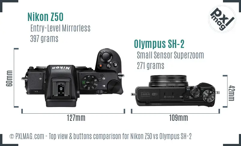 Nikon Z50 vs Olympus SH-2 top view buttons comparison