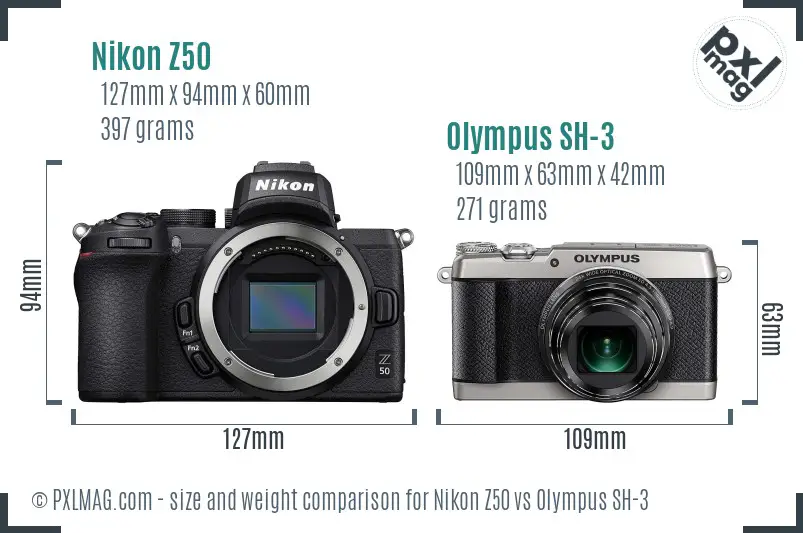 Nikon Z50 vs Olympus SH-3 size comparison
