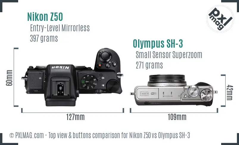 Nikon Z50 vs Olympus SH-3 top view buttons comparison