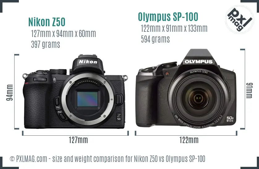Nikon Z50 vs Olympus SP-100 size comparison