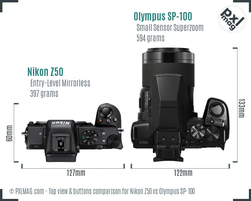 Nikon Z50 vs Olympus SP-100 top view buttons comparison