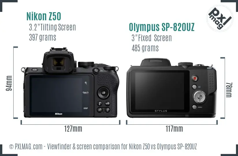 Nikon Z50 vs Olympus SP-820UZ Screen and Viewfinder comparison