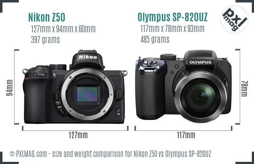 Nikon Z50 vs Olympus SP-820UZ size comparison