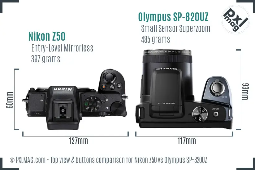 Nikon Z50 vs Olympus SP-820UZ top view buttons comparison