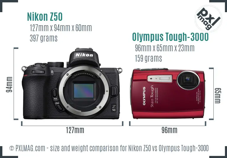 Nikon Z50 vs Olympus Tough-3000 size comparison