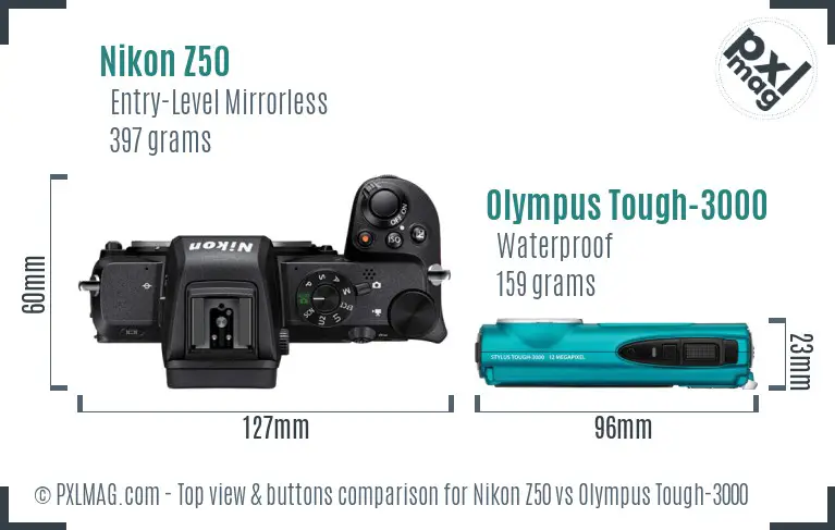 Nikon Z50 vs Olympus Tough-3000 top view buttons comparison