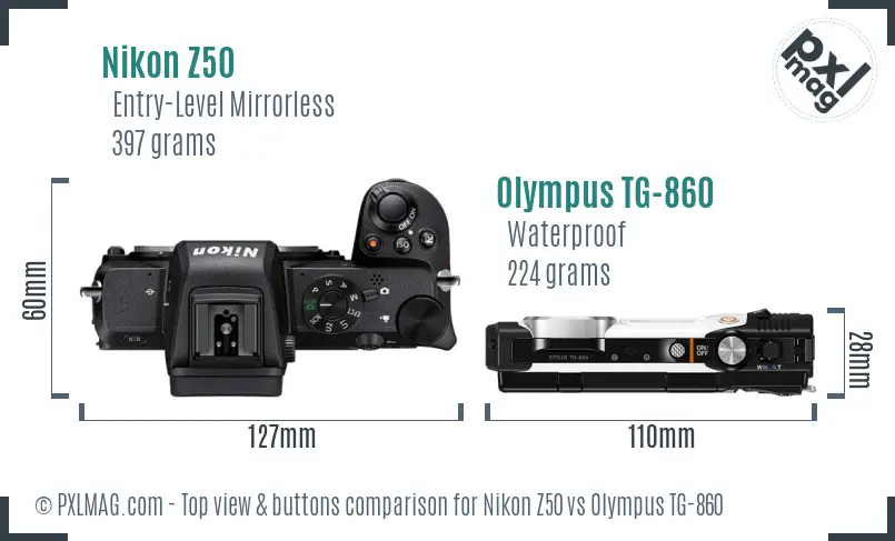 Nikon Z50 vs Olympus TG-860 top view buttons comparison