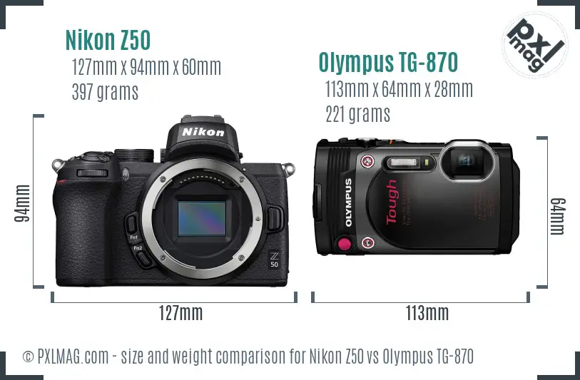 Nikon Z50 vs Olympus TG-870 size comparison
