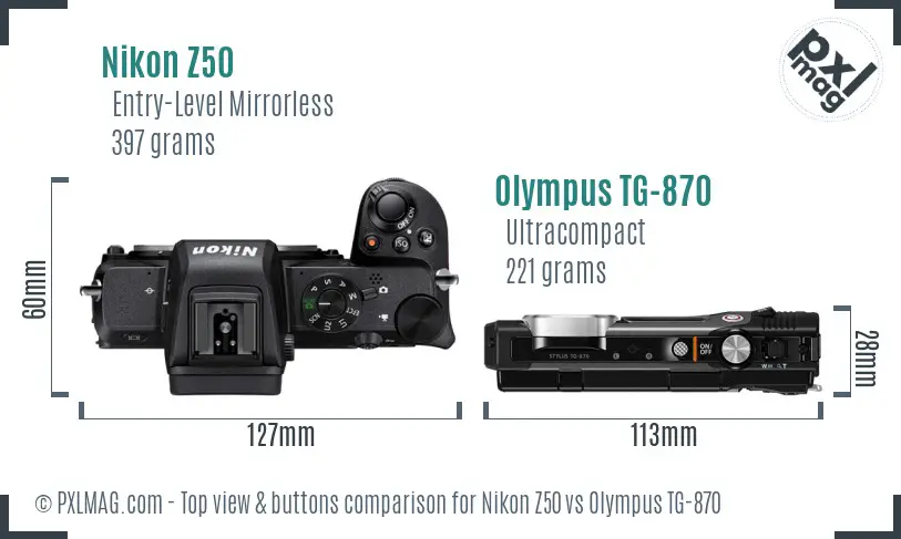 Nikon Z50 vs Olympus TG-870 top view buttons comparison