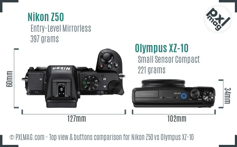 Nikon Z50 vs Olympus XZ-10 top view buttons comparison