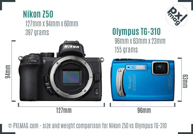 Nikon Z50 vs Olympus TG-310 size comparison