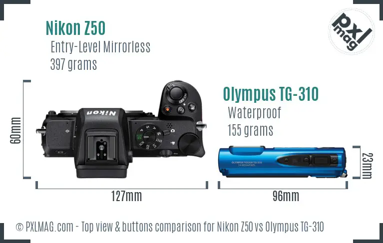 Nikon Z50 vs Olympus TG-310 top view buttons comparison