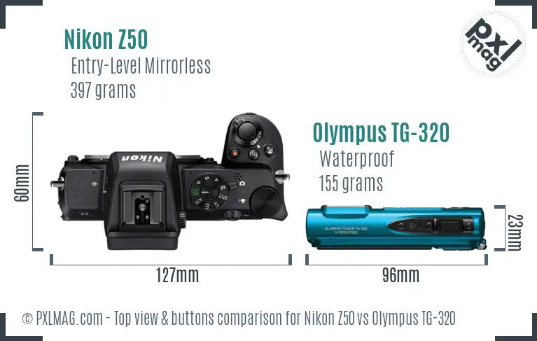 Nikon Z50 vs Olympus TG-320 top view buttons comparison