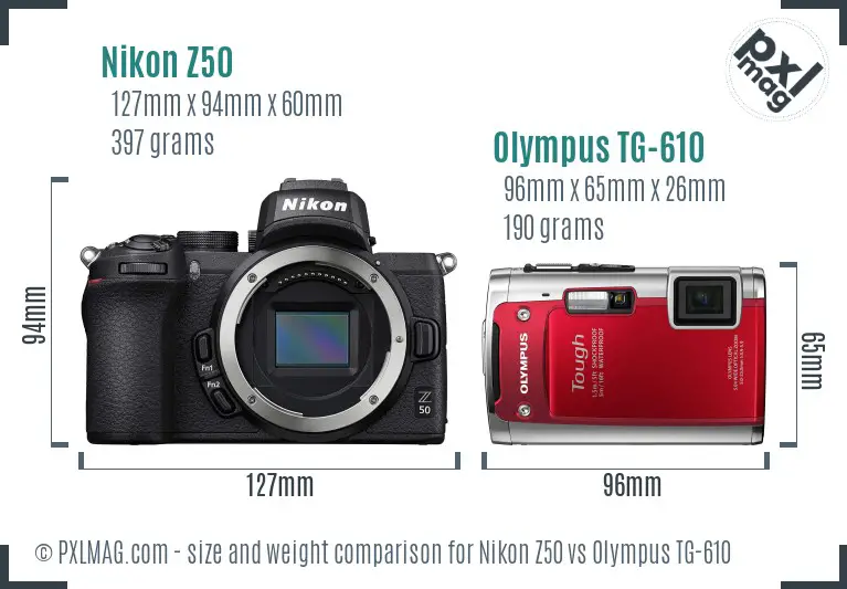 Nikon Z50 vs Olympus TG-610 size comparison
