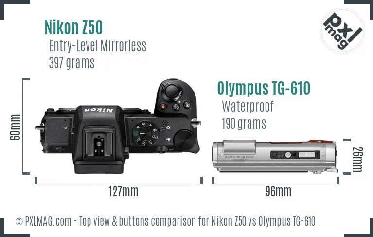 Nikon Z50 vs Olympus TG-610 top view buttons comparison