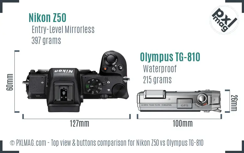Nikon Z50 vs Olympus TG-810 top view buttons comparison