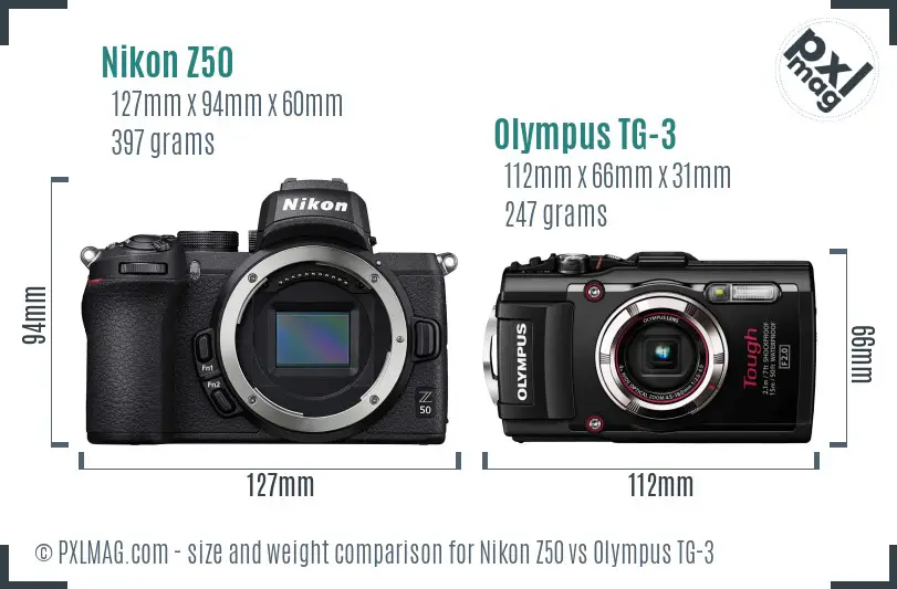 Nikon Z50 vs Olympus TG-3 size comparison