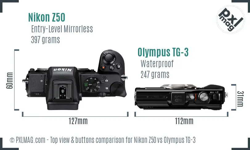Nikon Z50 vs Olympus TG-3 top view buttons comparison