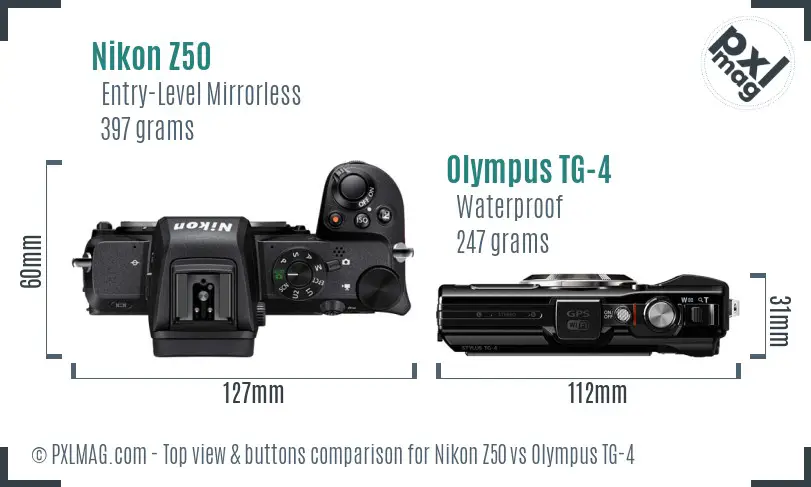 Nikon Z50 vs Olympus TG-4 top view buttons comparison