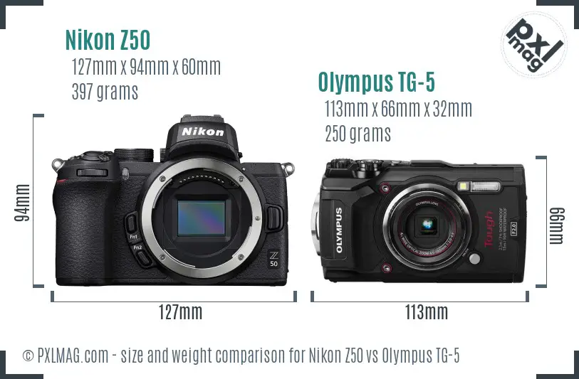 Nikon Z50 vs Olympus TG-5 size comparison