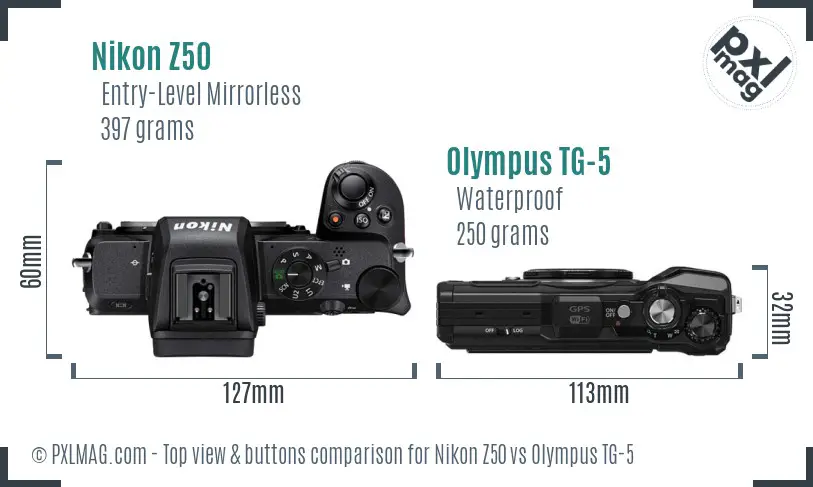 Nikon Z50 vs Olympus TG-5 top view buttons comparison