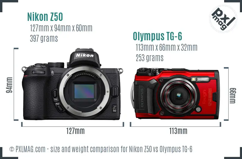 Nikon Z50 vs Olympus TG-6 size comparison