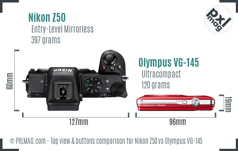 Nikon Z50 vs Olympus VG-145 top view buttons comparison