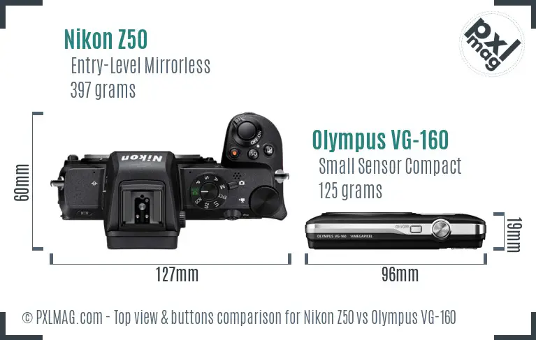 Nikon Z50 vs Olympus VG-160 top view buttons comparison