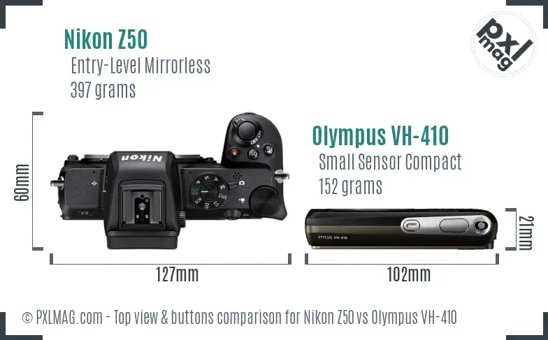 Nikon Z50 vs Olympus VH-410 top view buttons comparison