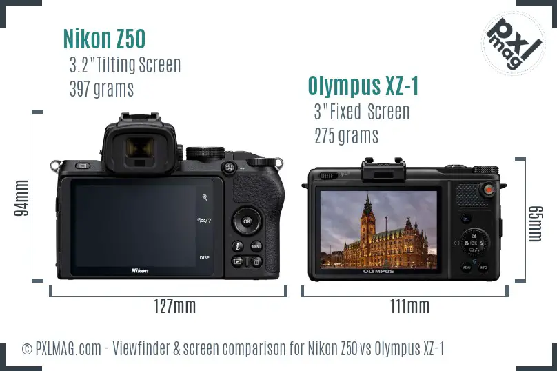 Nikon Z50 vs Olympus XZ-1 Screen and Viewfinder comparison