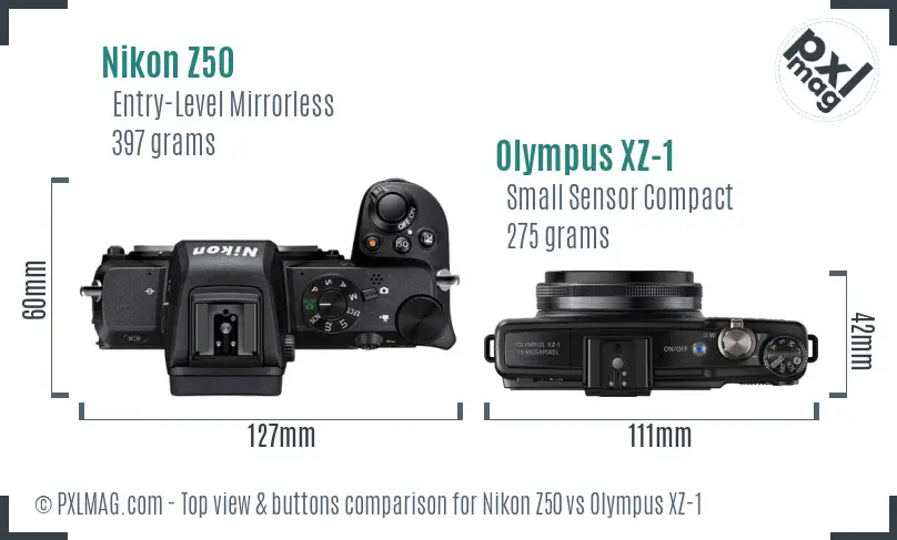 Nikon Z50 vs Olympus XZ-1 top view buttons comparison