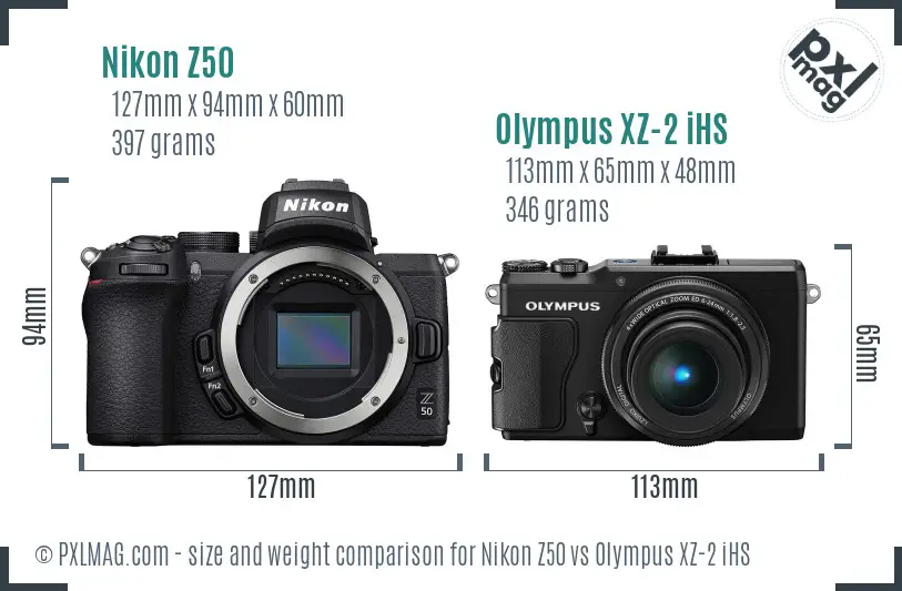 Nikon Z50 vs Olympus XZ-2 iHS size comparison