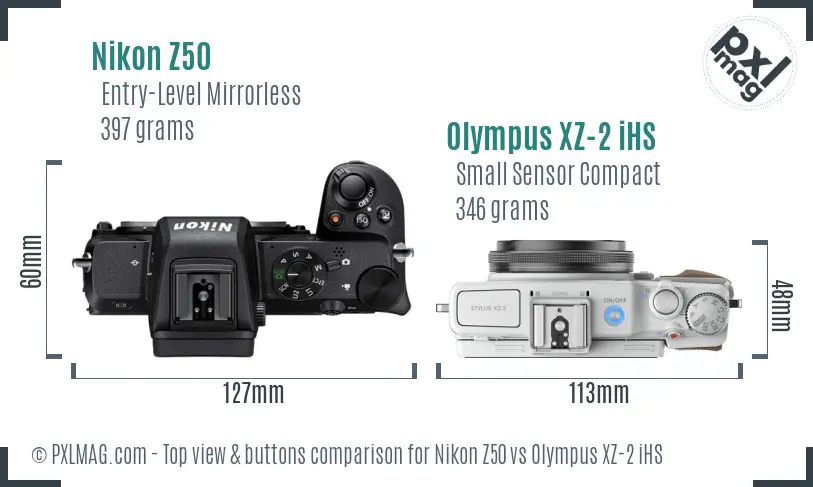 Nikon Z50 vs Olympus XZ-2 iHS top view buttons comparison