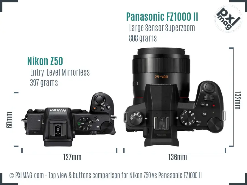 Nikon Z50 vs Panasonic FZ1000 II top view buttons comparison